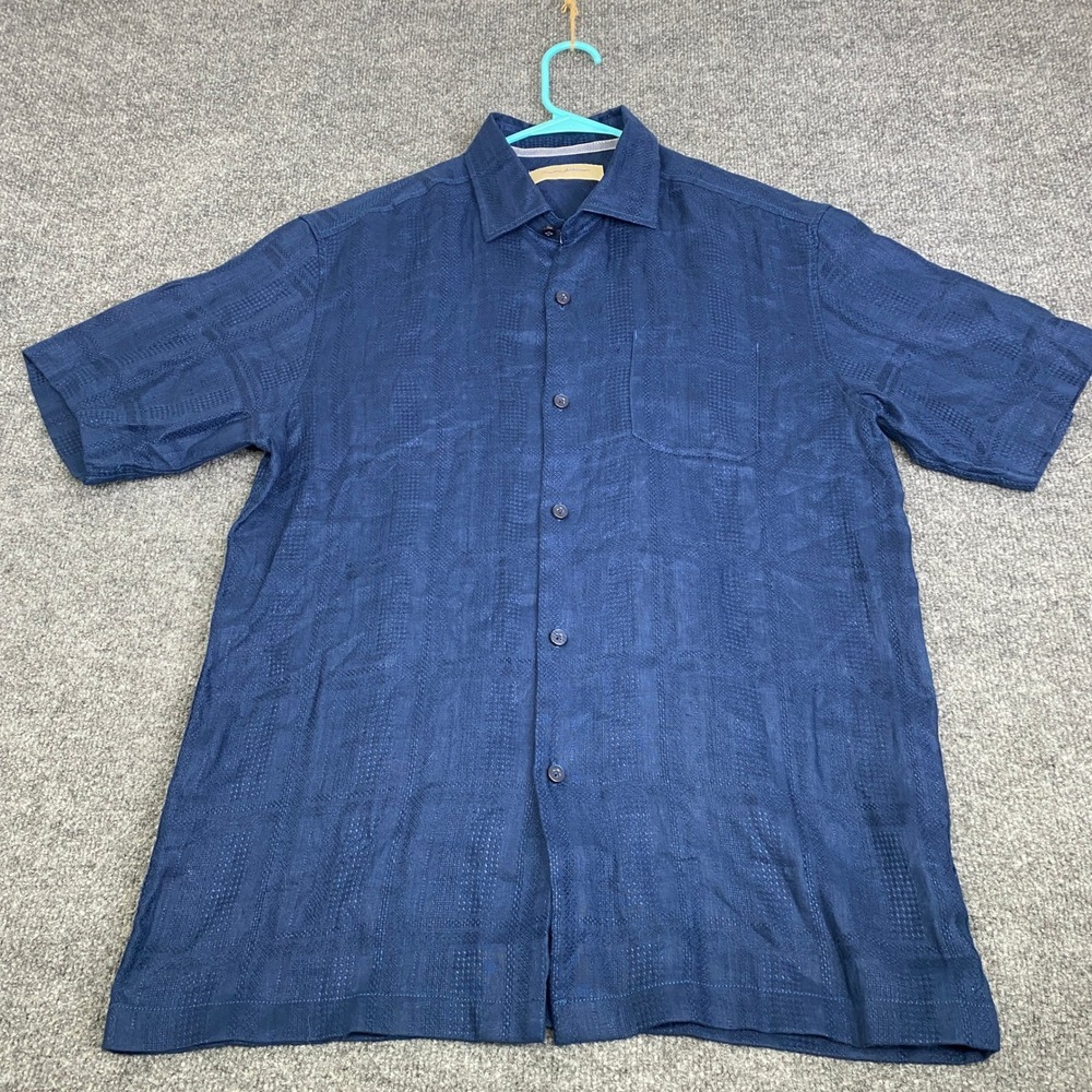 Tommy Bahama Mens Medium Blue 100% Linen Short Sleeve Button Down Jacquard Shirt